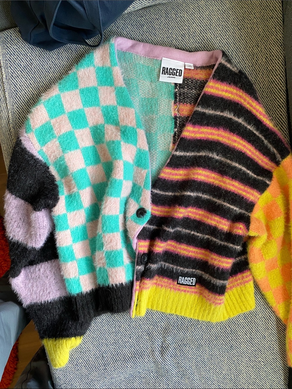 Ragged Priest Mixed-Pattern Fuzzy Cardigan Sweater - Turquoise/Pink/Yellow